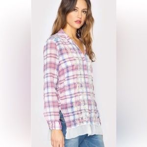 JOHNNY WAS 3J Workshop BRANDY CHIFFON FLOUNCE EMBROIDERED SHIRT W GAUZY HEM $268